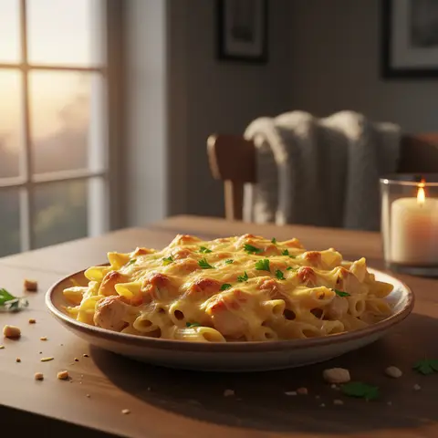 Überbackene Penne mit Hähnchen und Käse