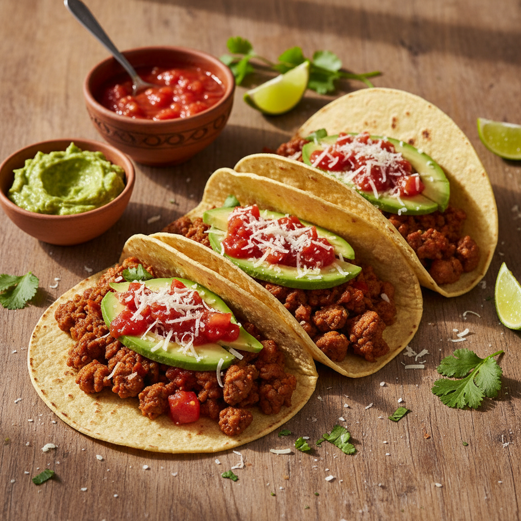 Tacos Végétariens avec Viande Hachée et Salsa Maison