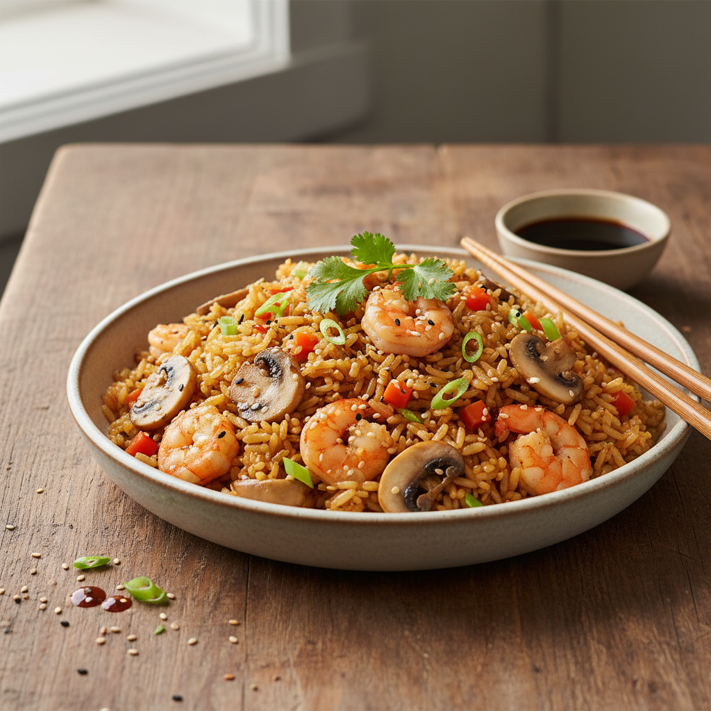 Riz sauté aux crevettes et champignons