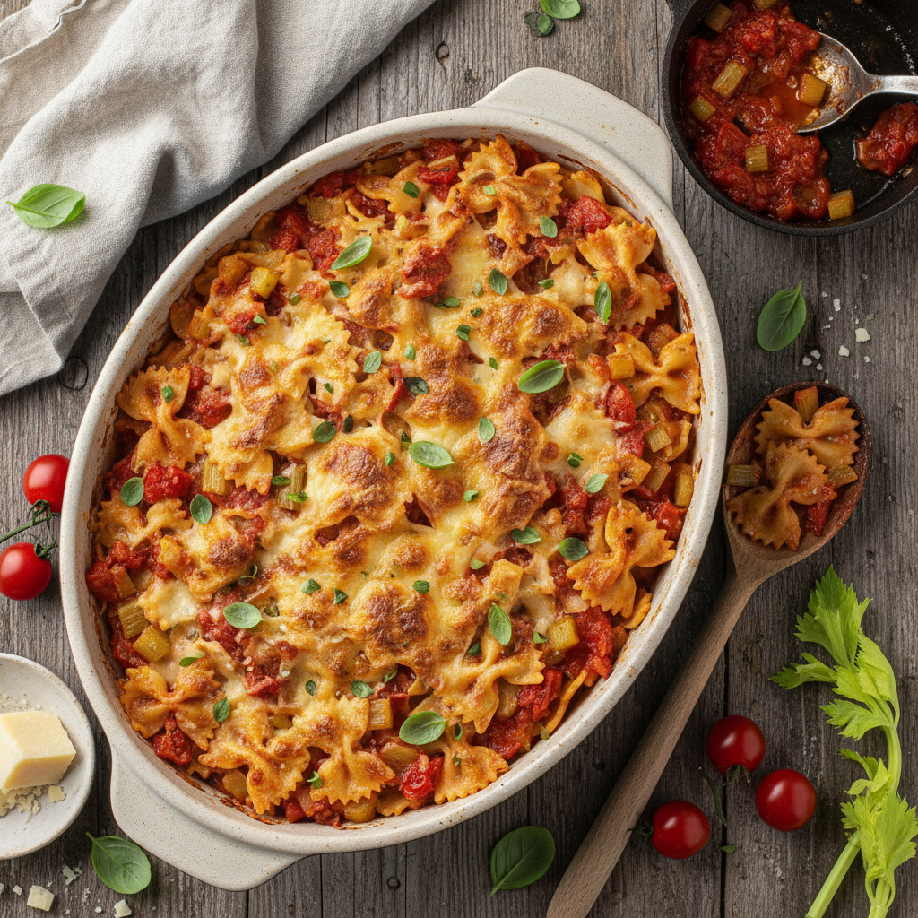 Farfalles gratinées aux tomates et céleri
