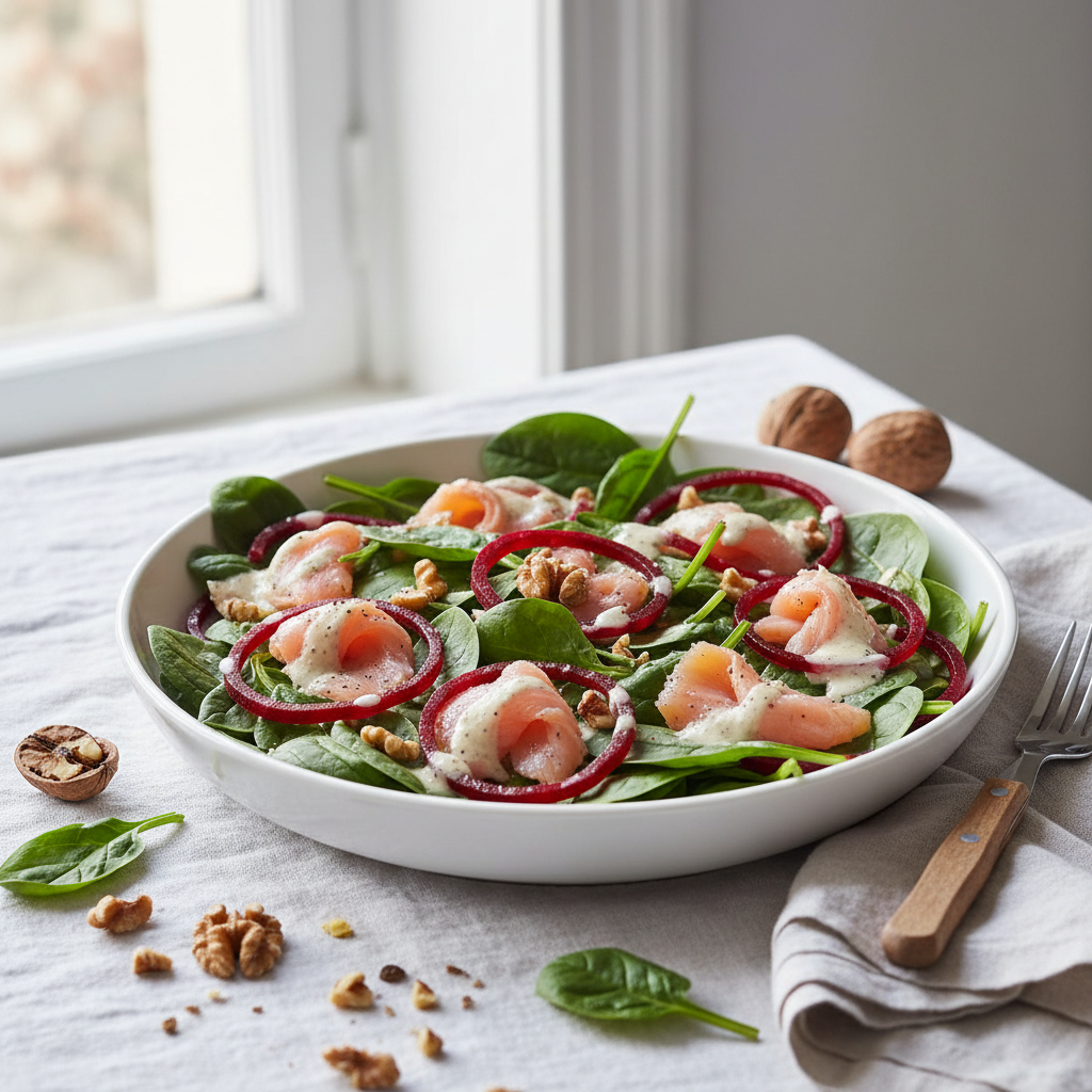 Salade de truite fumée aux épinards et betterave
