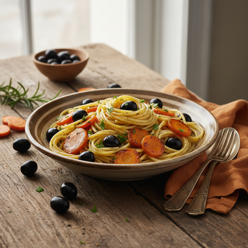 Spaghettis aux Olives et Poêlée de Carottes