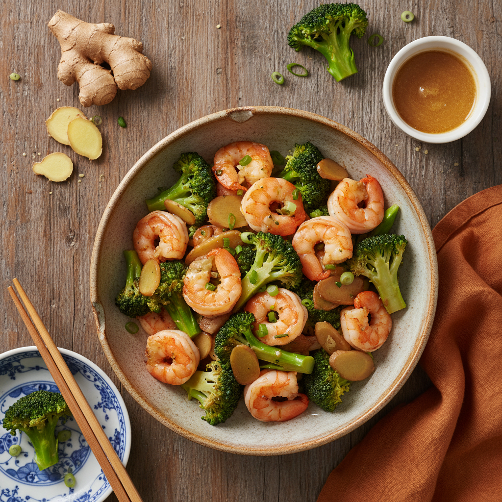 Wok de crevettes au gingembre et brocoli