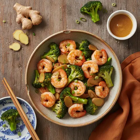 Wok mit Garnelen, Ingwer und Brokkoli