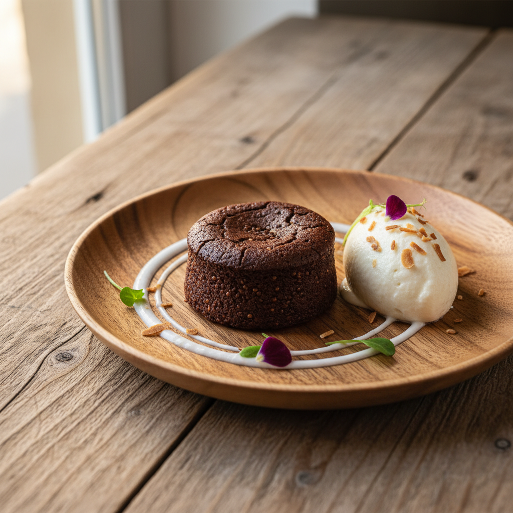 Fondant Chocolat-Quinoa avec Mousse Chou-fleur et Lait de Coco