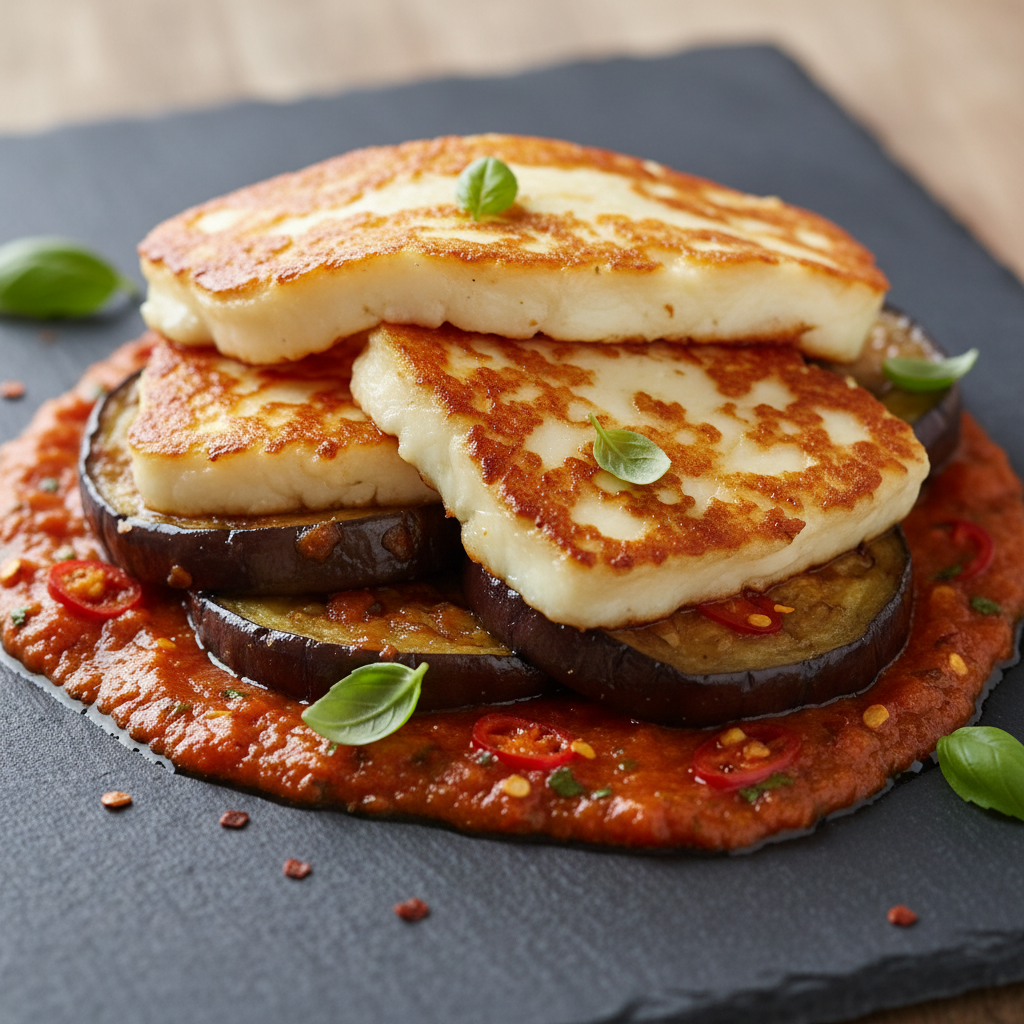 Saganaki de halloumi aux aubergines et sauce tomate épicée