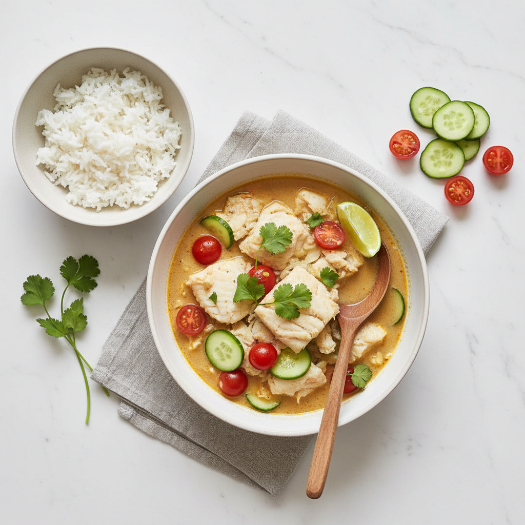 Curry de poisson aux tomates et concombre