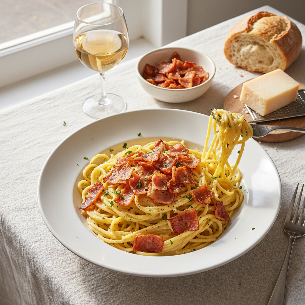 Pâtes à la Carbonara Maison avec Jambon Croustillant