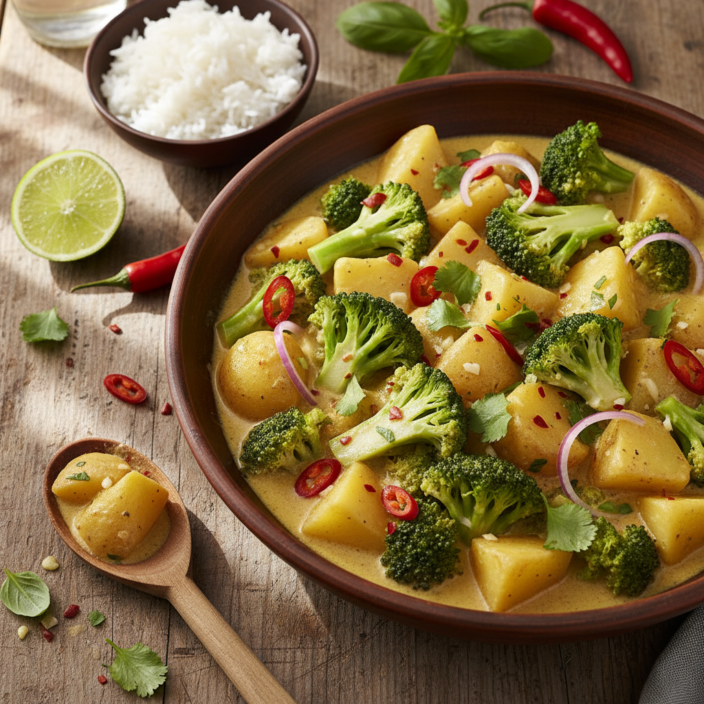 Curry Asiatique de Pommes de Terre et Brocoli au Lait de Coco