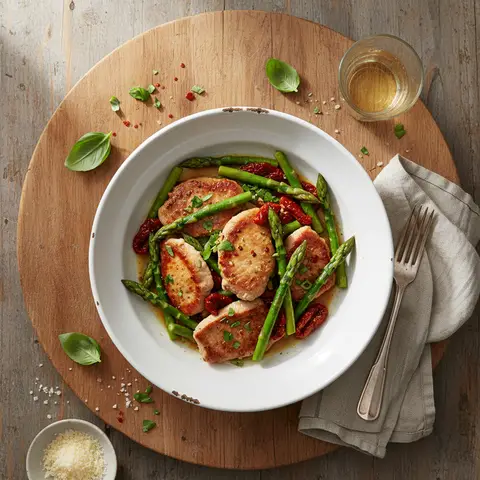 Pan-Seared Veal Cutlets with Asparagus and Sun-Dried Tomatoes