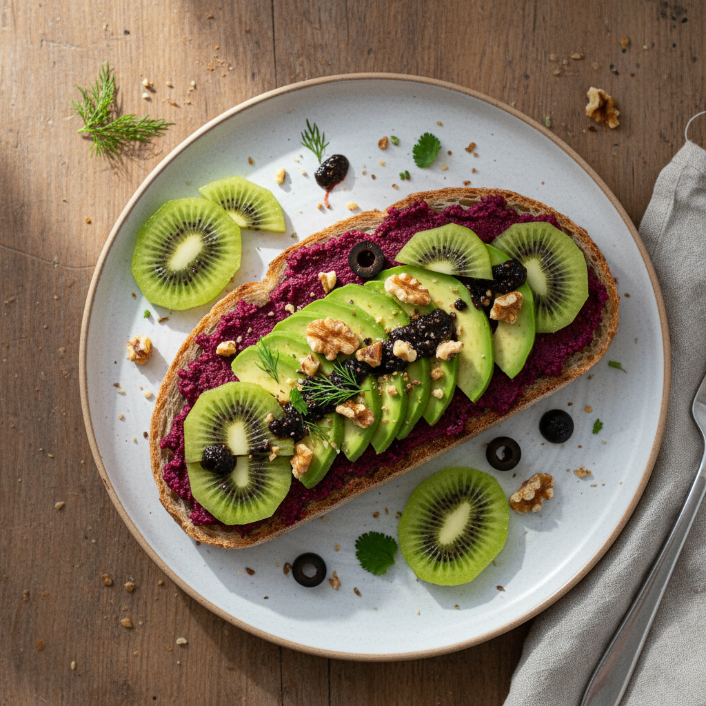 Tartine Sophistiquée Betterave-Avocado-Noix avec Kiwi Acidulé