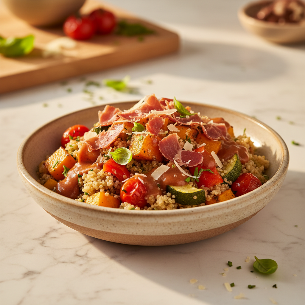 Quinoa Gourmand aux Légumes Rôtis et Jambon Croustillant
