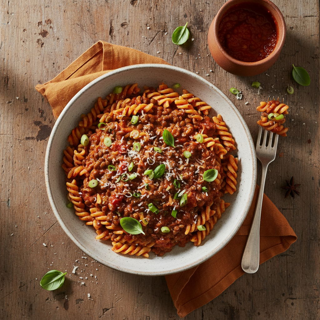 Pâtes à la sauce de lentilles et tomate