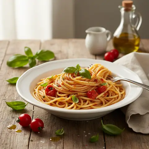 Spaghetti mit Tomate und Basilikum