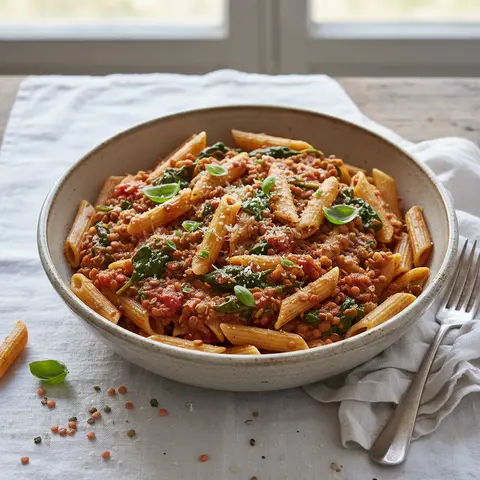 Pasta mit Linsen- und Spinatsauce