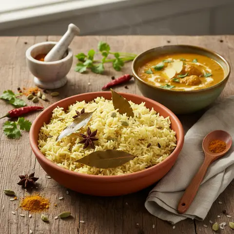 Reis mit Lorbeerblättern und leichtem Curry