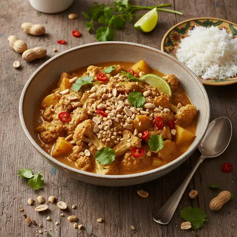 Asiatisches Curry mit Blumenkohl und Kartoffeln mit Erdnüssen