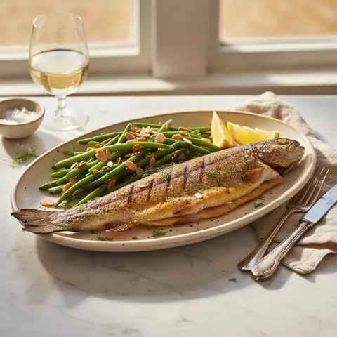 Gegrillte Forelle mit grünen Bohnen und Mandeln
