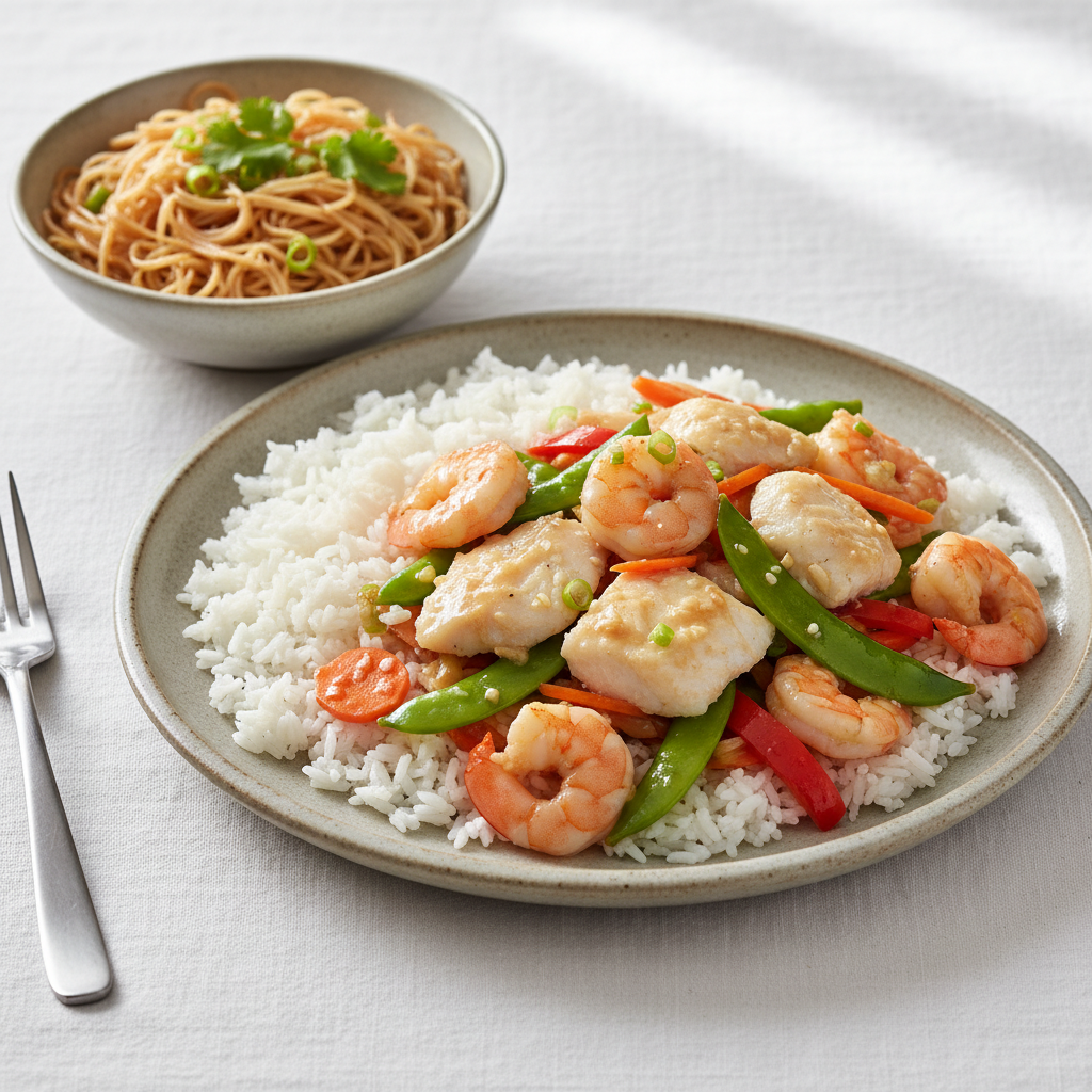 Poisson aux Crevettes et Légumes Sautés à l'Asiatique
