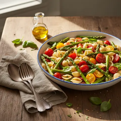 Gemischter Salat mit Nudeln, Spargel und Tomaten