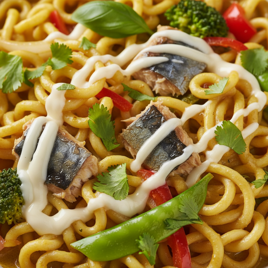Wok de Pâtes Curry avec Maquereau et Légumes