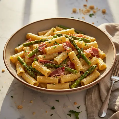 Nudeln mit Spargel und Schinken