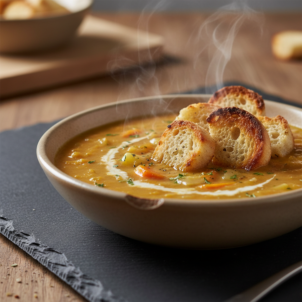 Soupe simple pommes de terre, carotte et pain grillé