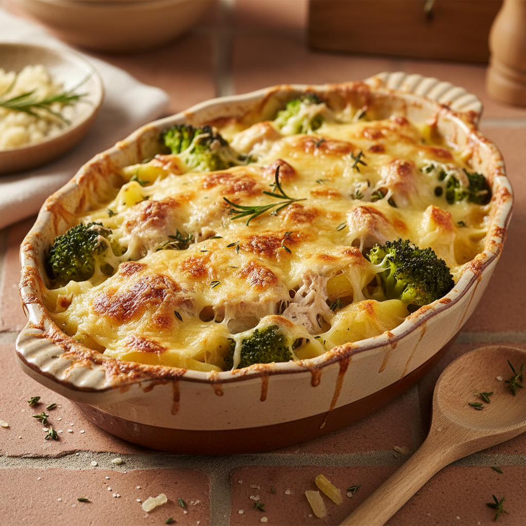 Gratin de poulet aux pommes de terre et brocoli
