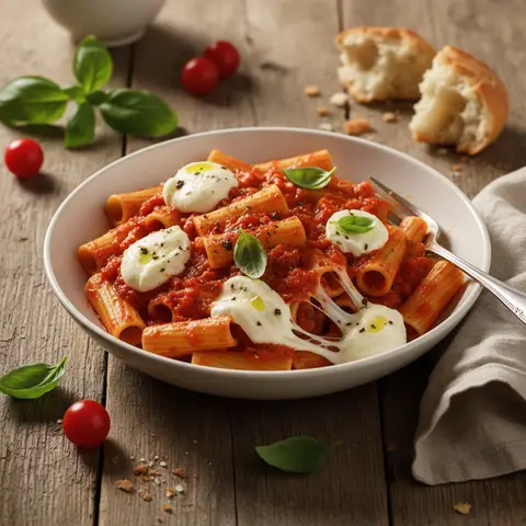 Pasta mit selbstgemachter Tomatensoße und Mozzarella