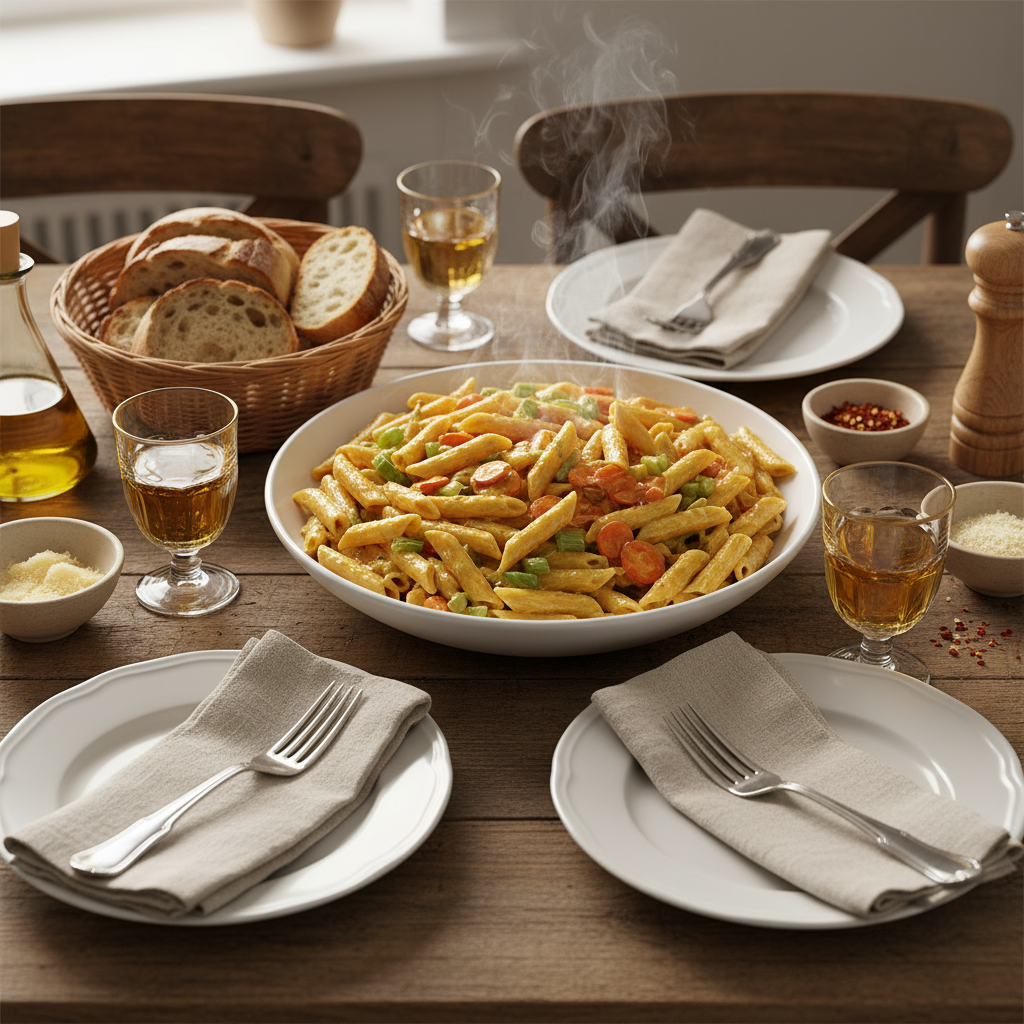 Penne à la Crème de Curry et Légumes