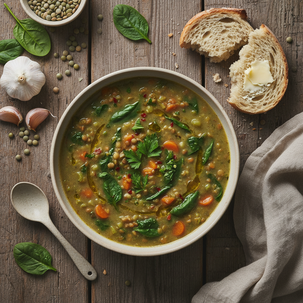 Soupe aux lentilles et épinards