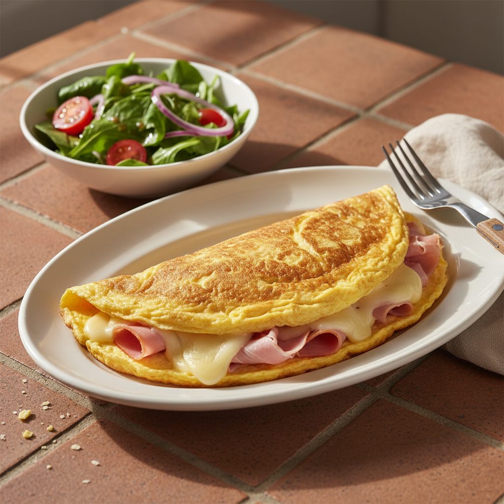 Omelette jambon-fromage et salade