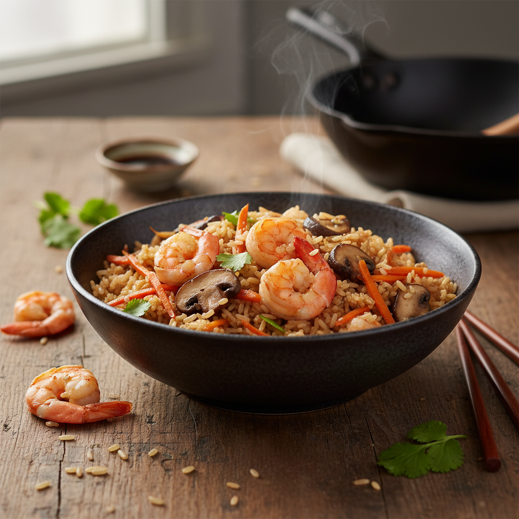 Riz sauté aux crevettes et champignons