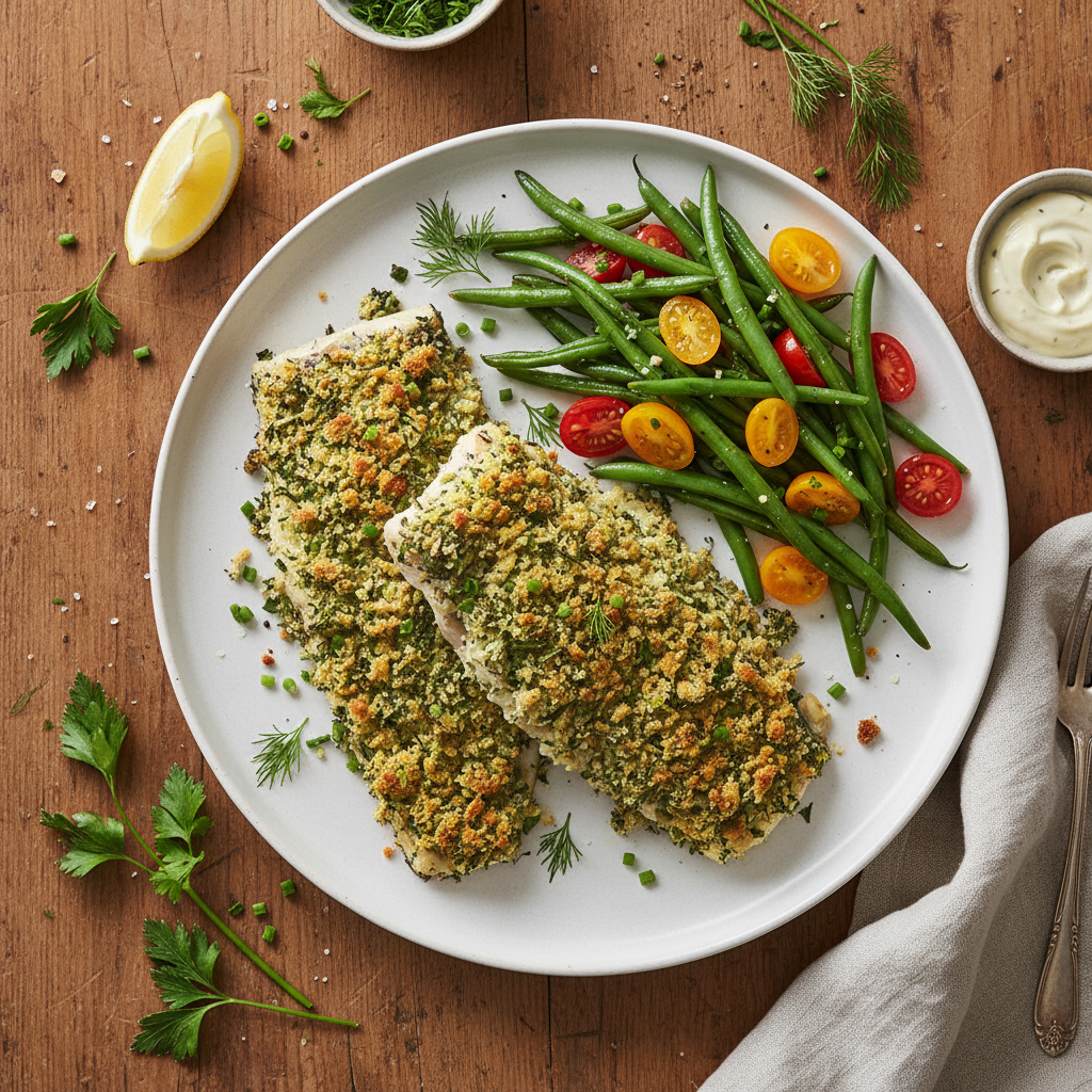 Loup de mer en croûte d'herbes au four