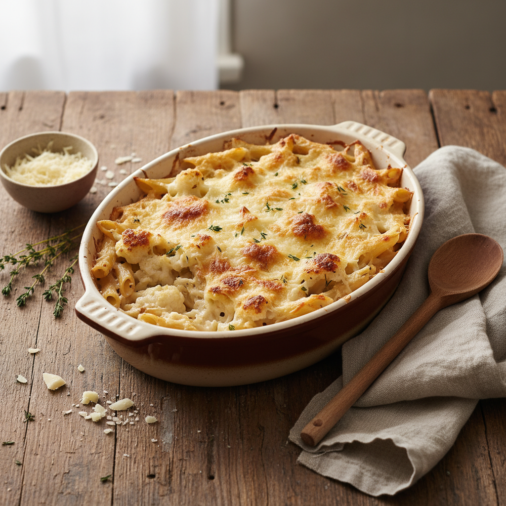 Pâtes gratinées au chou-fleur, sauce crémeuse et fromage