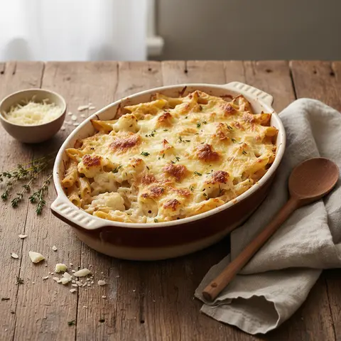 Überbackene Nudeln mit Blumenkohl, cremiger Sauce und Käse