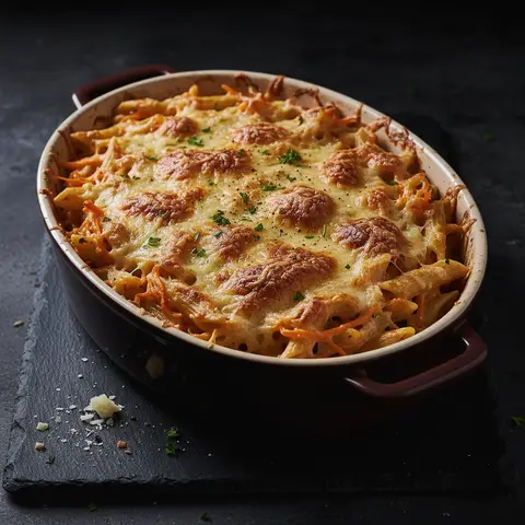 Überbackene Penne mit Karotten und Gruyère