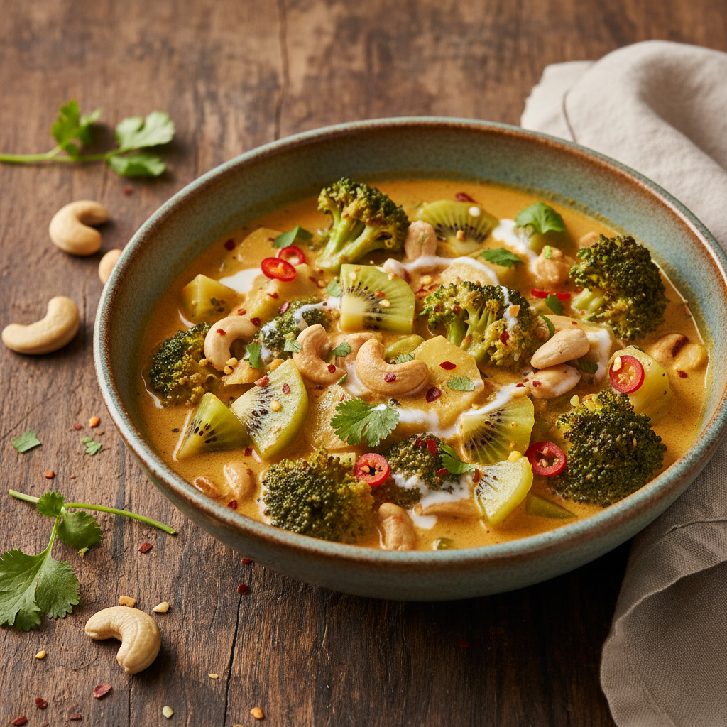 Curry Asiatique de Brocoli, Kiwis et Noix de Cajou