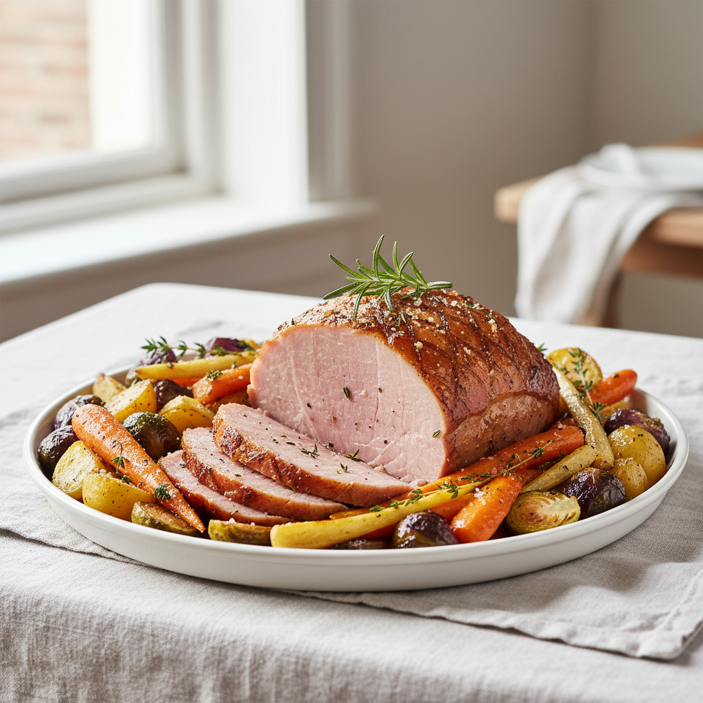 Jambon rôti au four avec légumes de saison