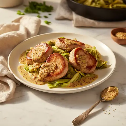 Pork Tenderloin Medallions with Green Cabbage and Whole Grain Mustard
