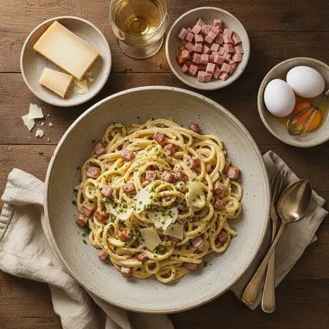 Pasta Carbonara mit Schinken und Gruyère