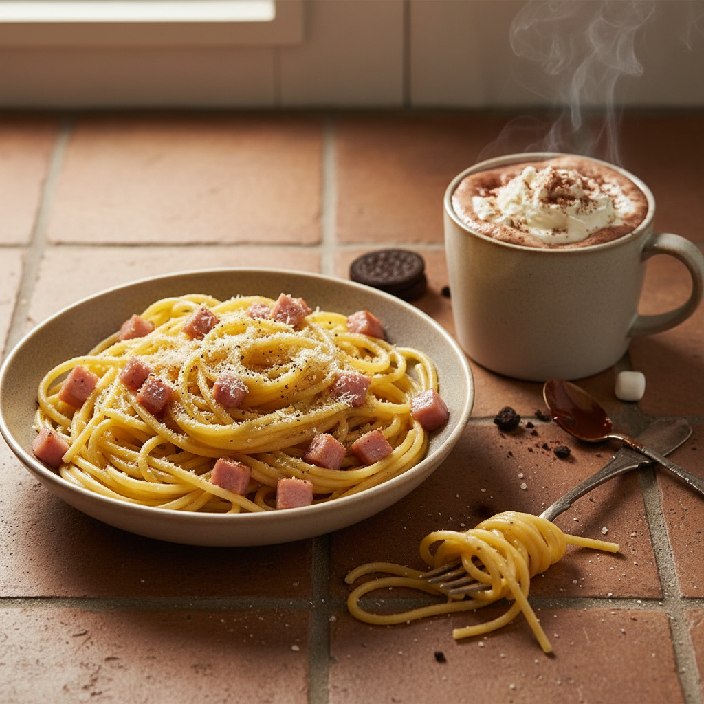 Pâtes à la Carbonara Simplifiée avec Chocolat Chaud Dessert