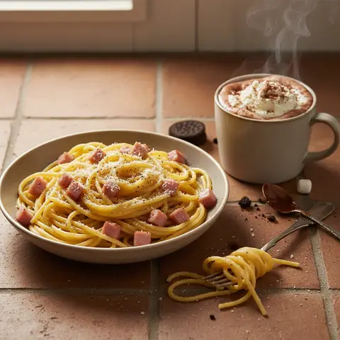 Simplified Carbonara Pasta with Hot Chocolate Dessert