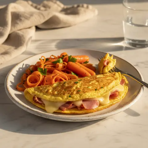 Omelett mit Schinken und Käse zu Möhren