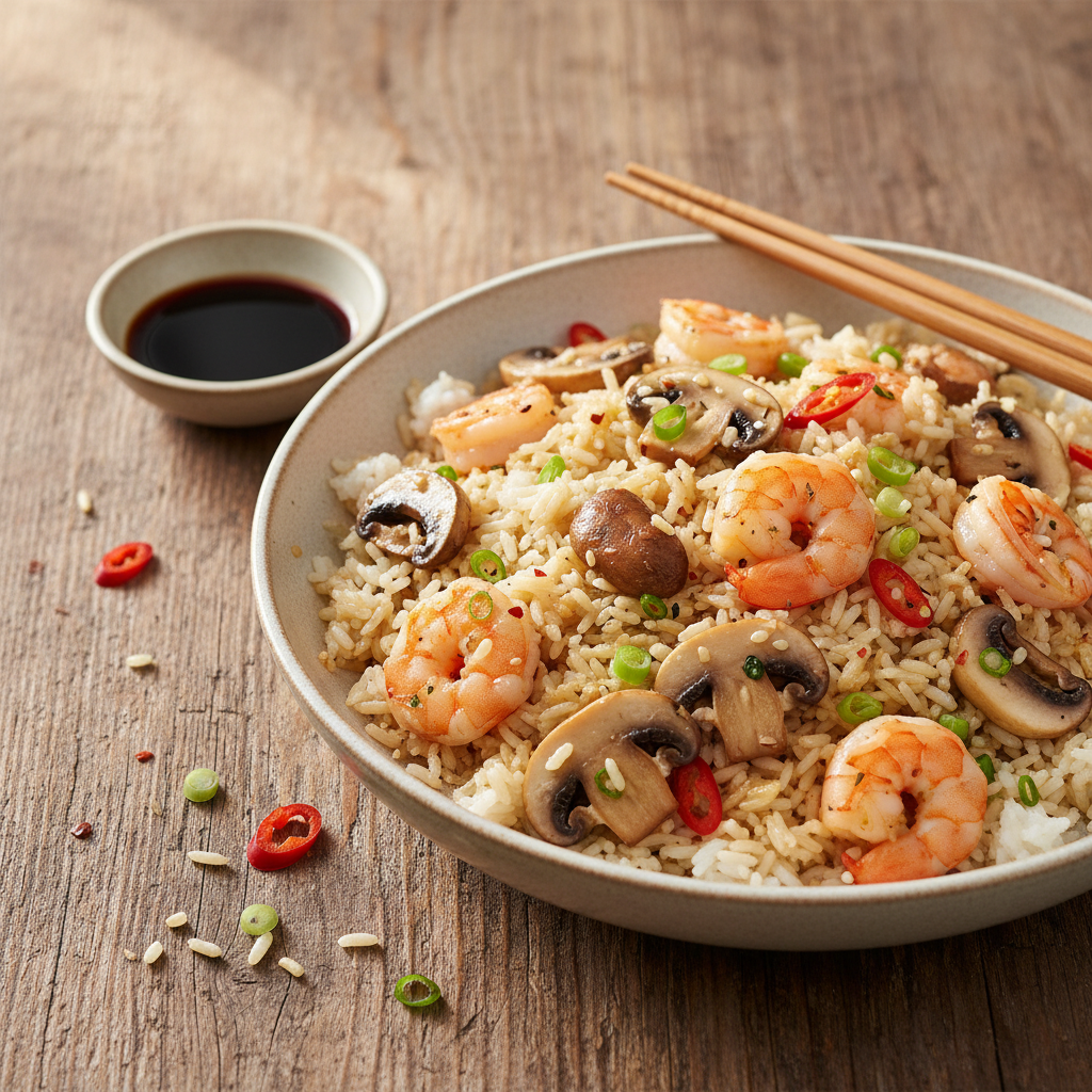 Riz sauté aux crevettes et champignons
