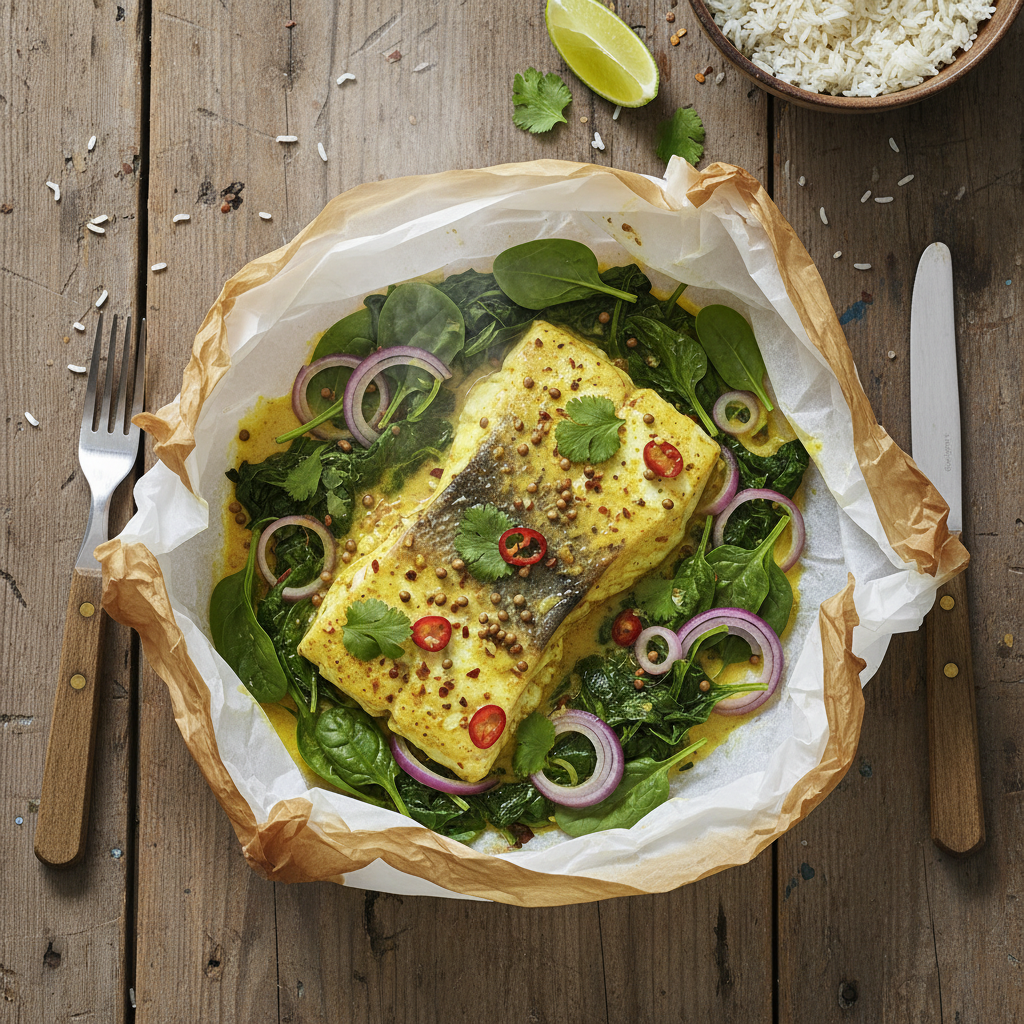 Papillote de lieu noir au curry et épinards