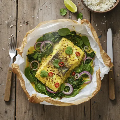 Papillote de lieu noir au curry et épinards
