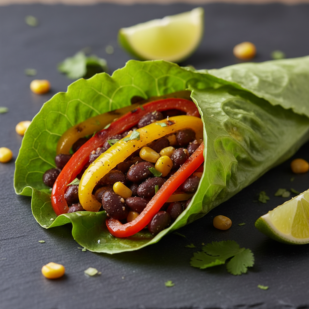 Wrap de laitue aux haricots noirs épicés et poivrons grillés