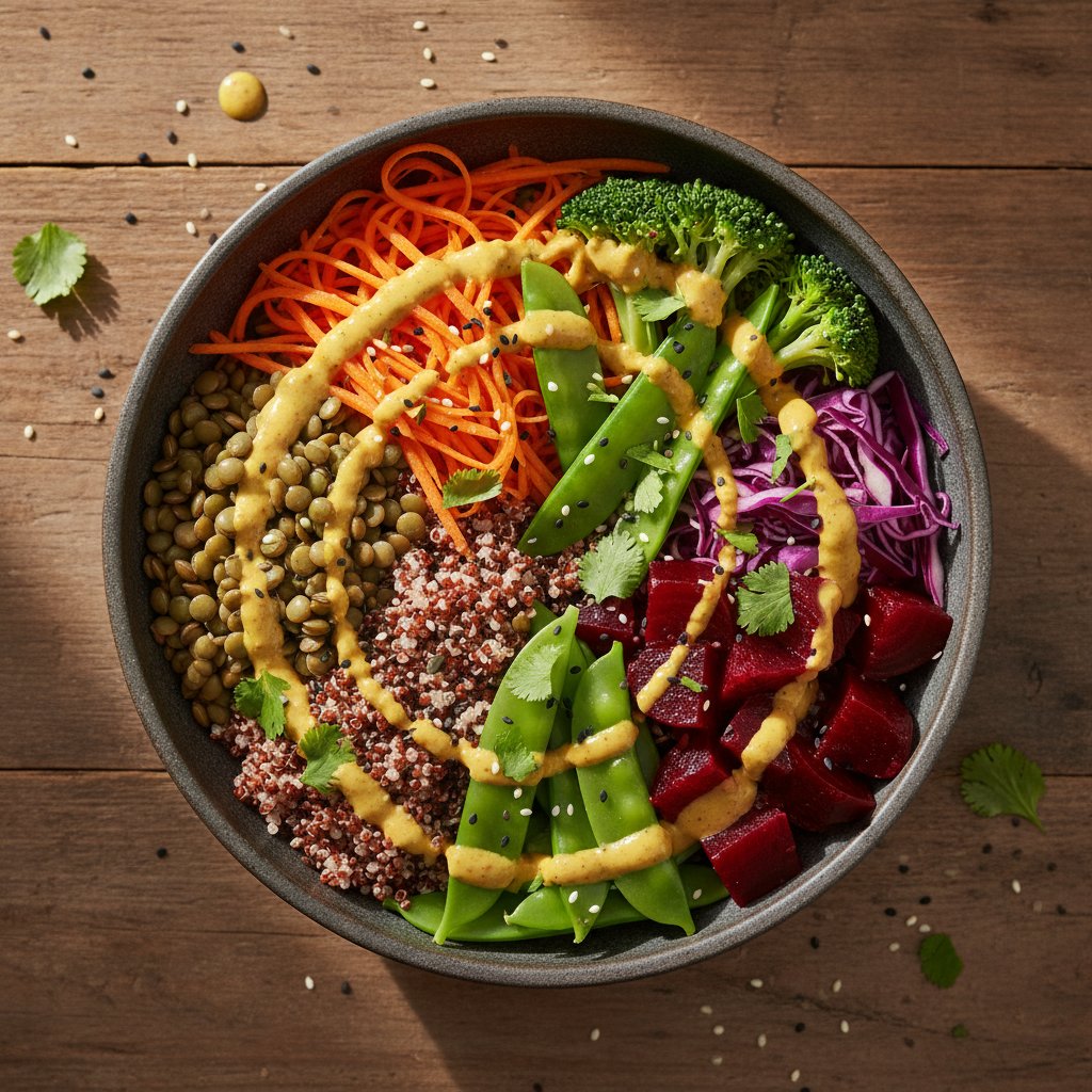 Bol Buddha Asiatique Lentilles-Quinoa, Betterave Marinée et Sauce Moutarde-Gingembre