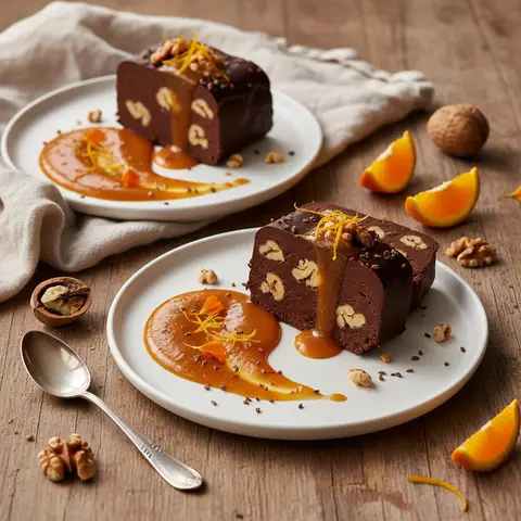 Dark Chocolate and Walnut Terrine with Carrot-Orange Reduction